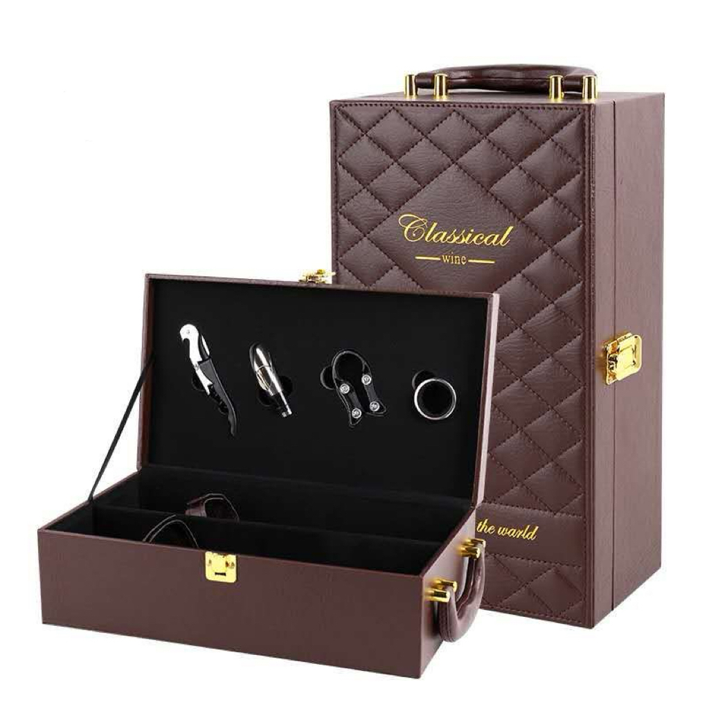 A09.13-01/Luxury PU Leather Wine Gift Box with Diamond Pattern & Wine Accessories Set (Custom Logo) - Image 2