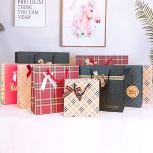 A09.14-02/Fashionable Bow Gift Paper Bags - Plaid Print Reusable Shopping Handbags for Gifting - Image 6